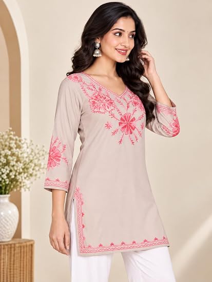 Embroidered Kashmiri Short Kurti -Beige