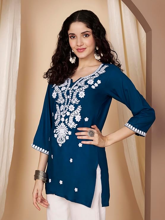 Short Kurti for Women for Jeans, Chikankari Kurtis for Ladies, Lakhnavi V- Neck Women's Tunic Design Kurta, Floral Kurtas & Tunics for Woman