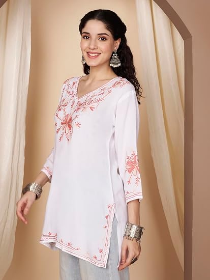 Embroidered Chikankari Kurti for Women - White Red