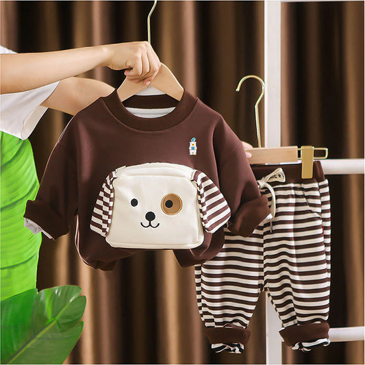 2Pcs Set Brown Stripes Doggy Eye Patch Track Suit Set For Toddler And Kids
