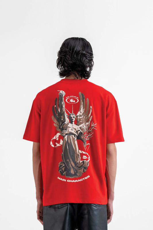 The Justice Printed Red Oversized T-Shirt Main Character