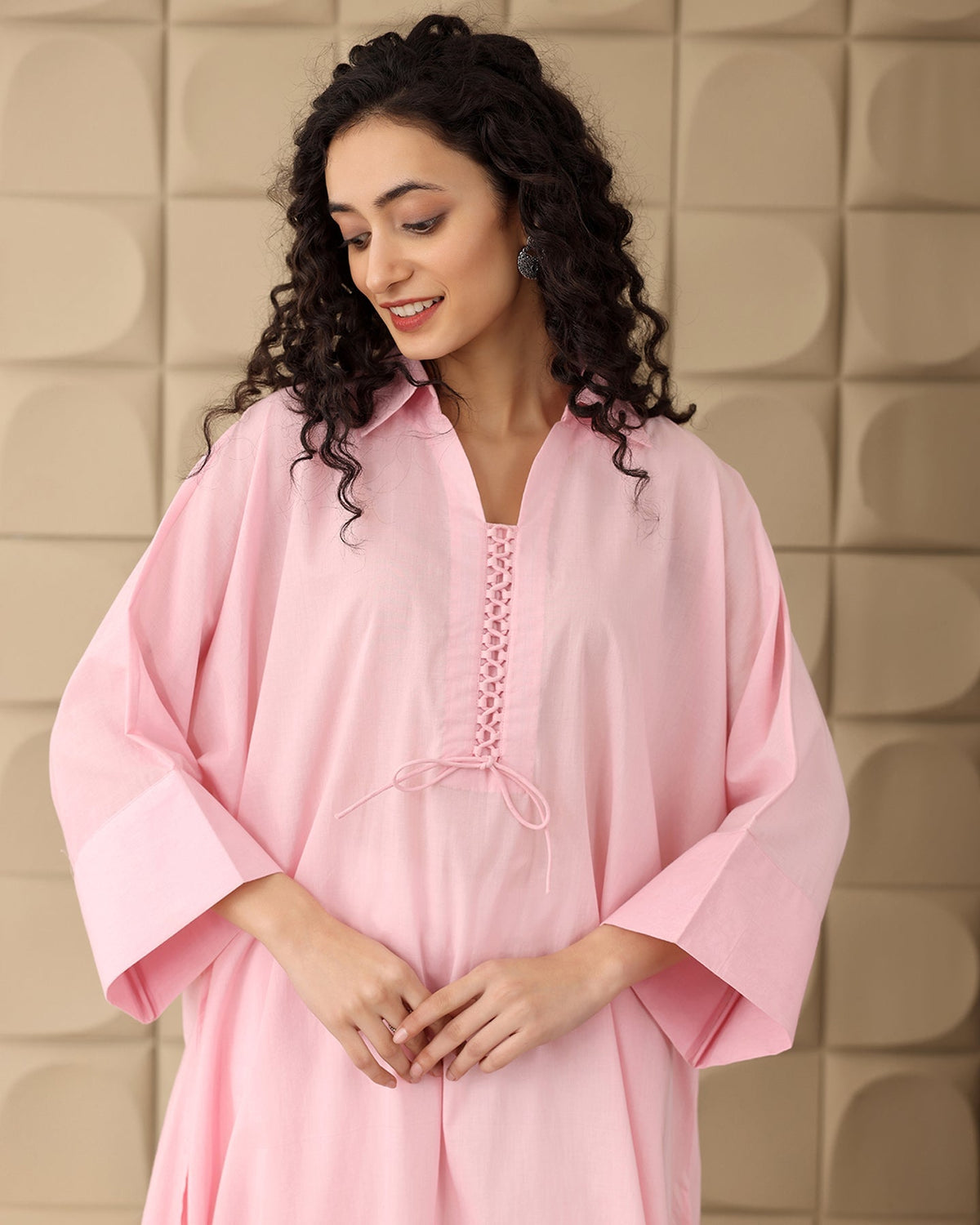 A-line Pink Cotton Kurta