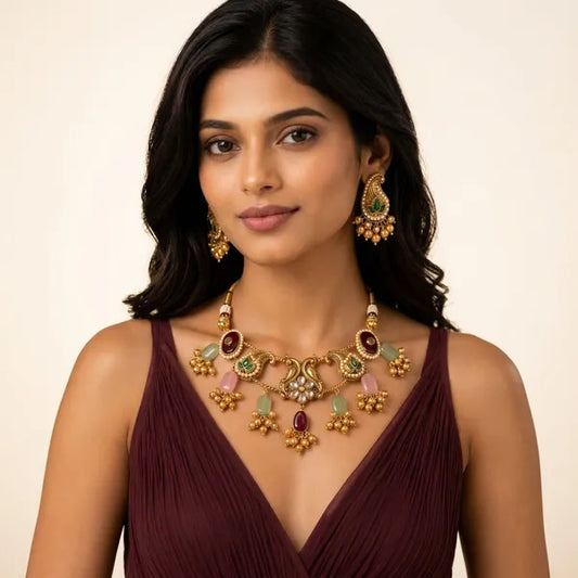 Multicolor Kundan Stone Necklace And Earrings Set For Women