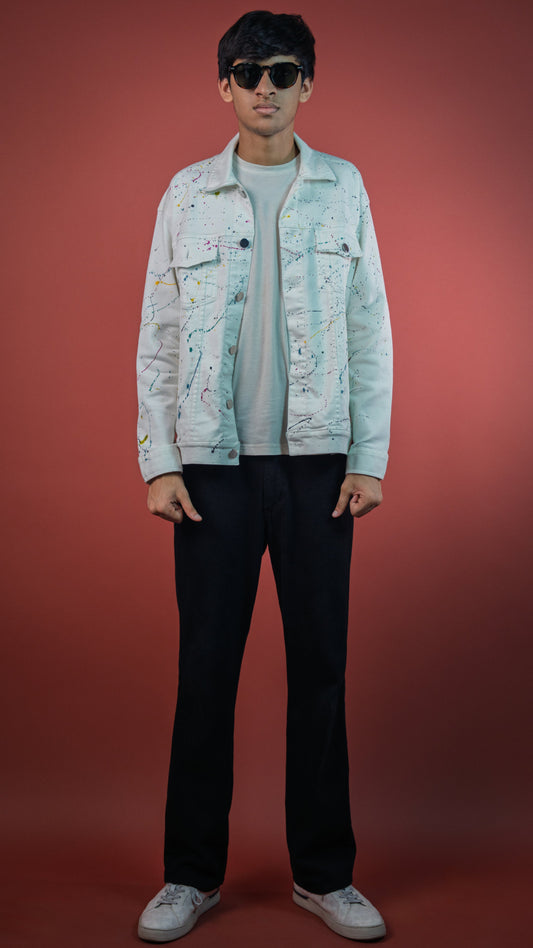 White Painted Denim Men'S Jacket Rustlines