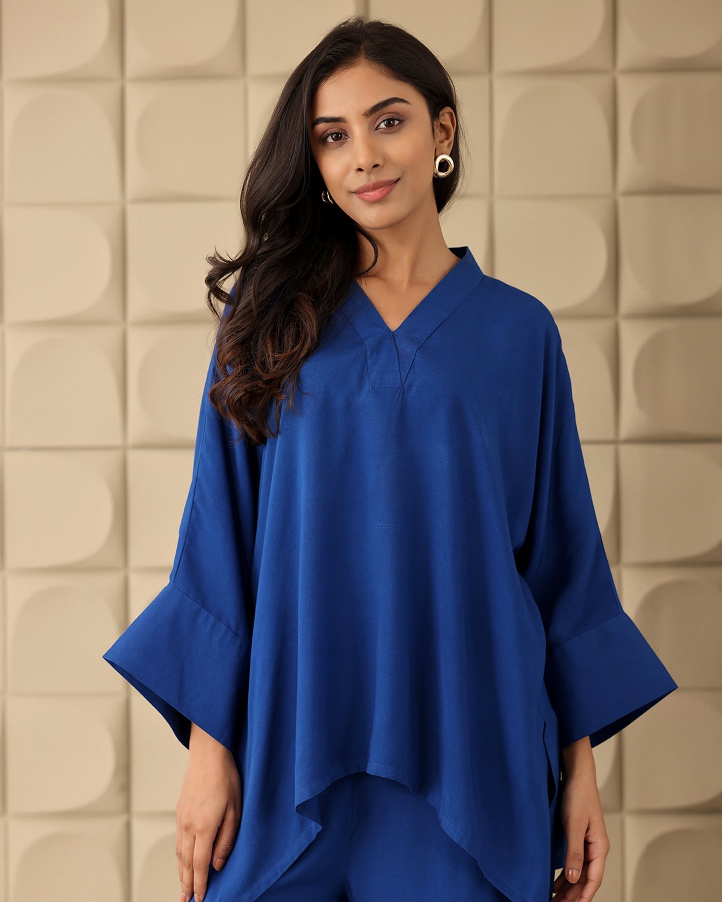 V-NECK BLUE RAYON CO-ORD SET