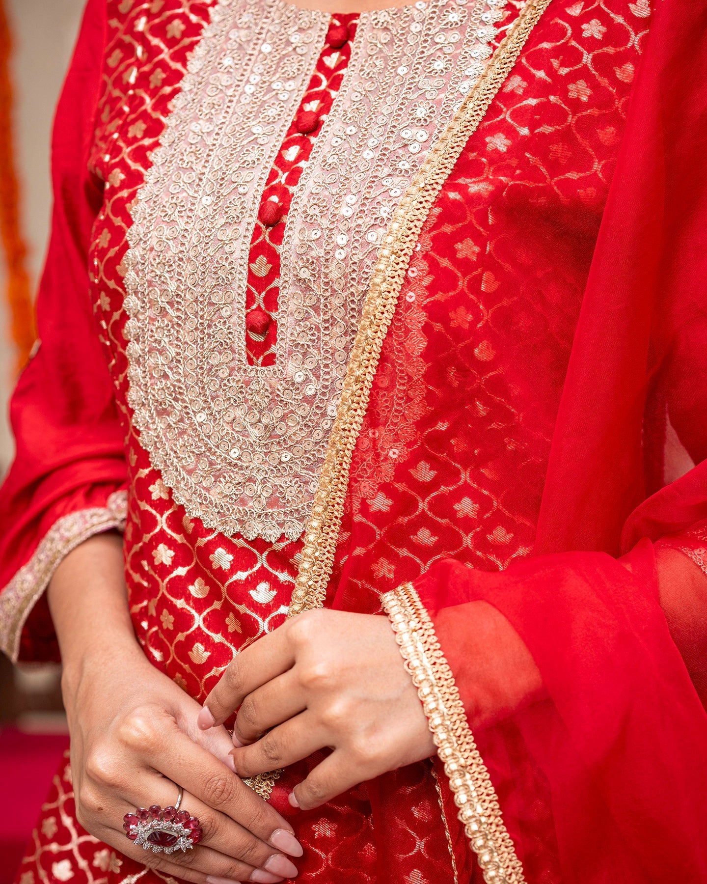 Red Banarasi & Chanderi Suit Set