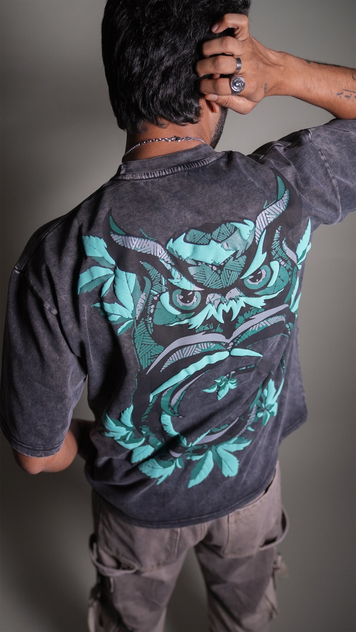 Owl Vision Dark Grey Acidwash Men’S Oversized T-Shirt Rustlines