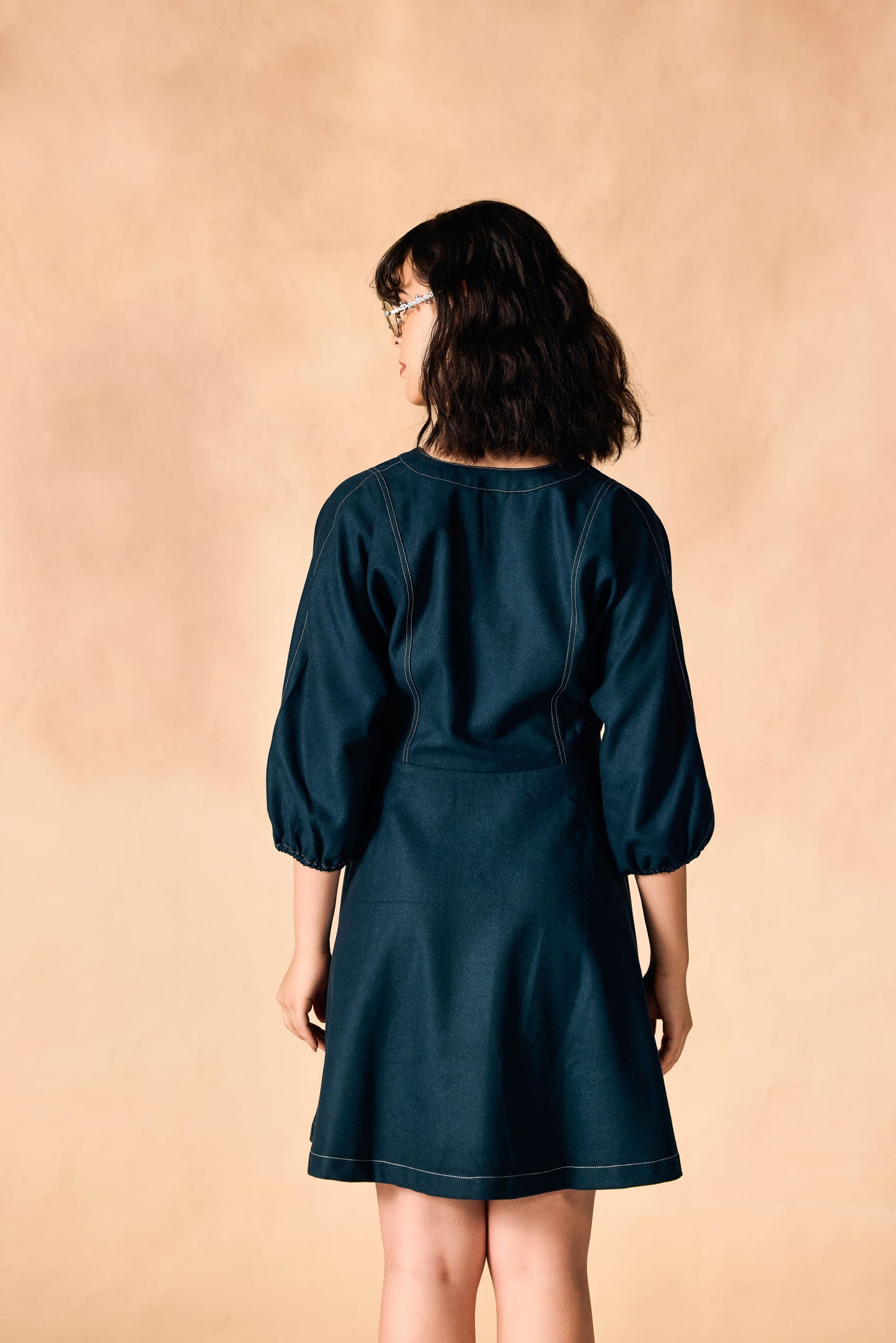 Contrast Stitch Tie Waist Fit & Flare Dress