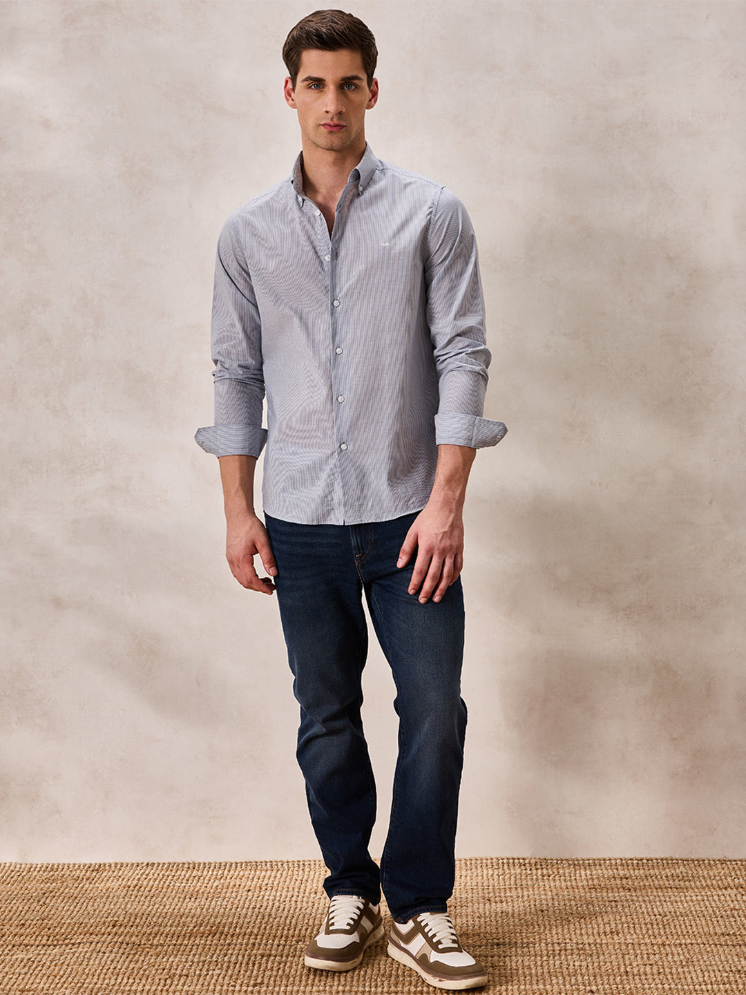 Grey Regular Fit Stripes Casual Shirt for Men (ALFON)