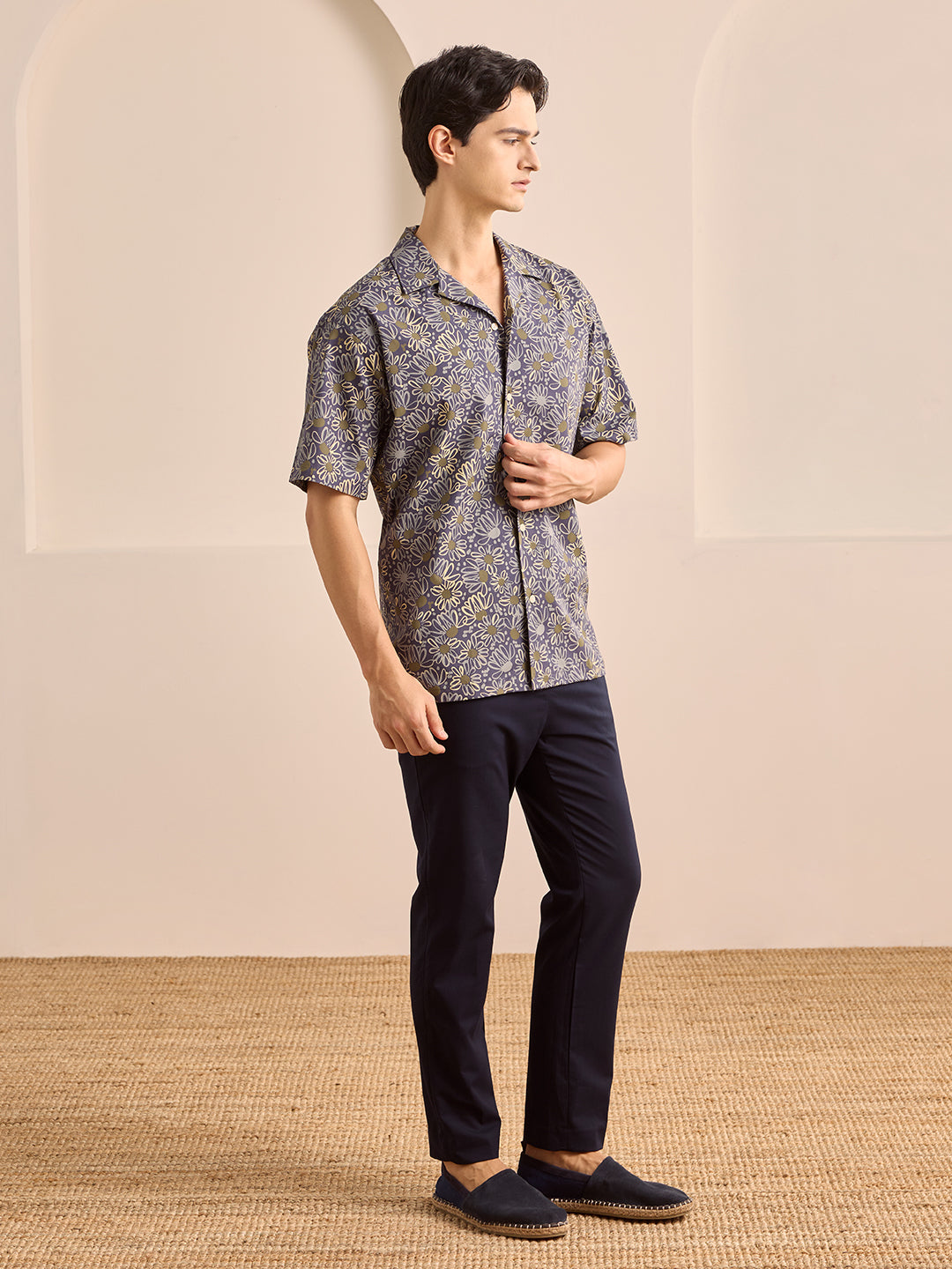 Navy Blue Regular Fit Printed Casual Cotton Shirt for Men (LUMAS)