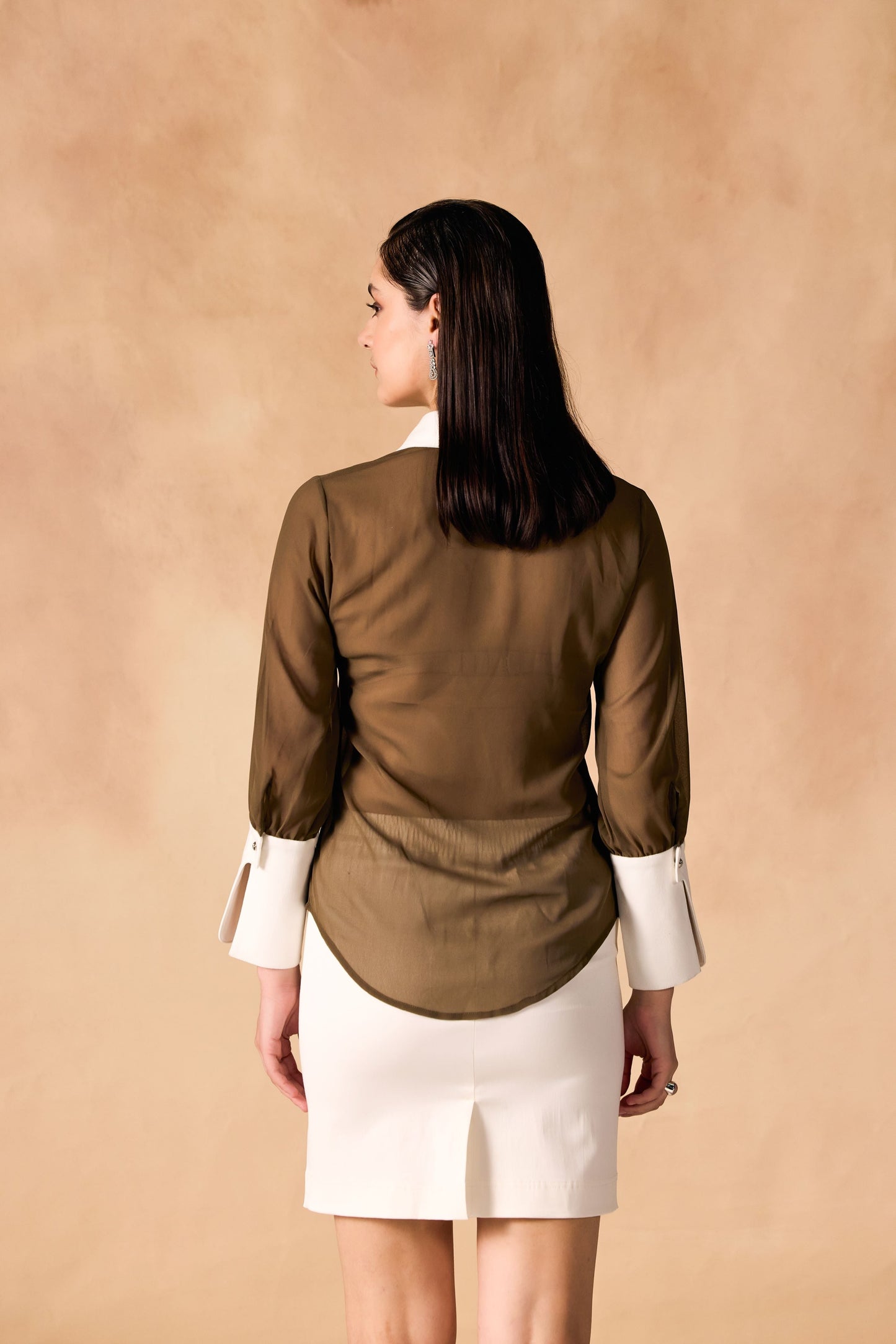 Button-Up Contrast Trim Georgette Sheer Shirt