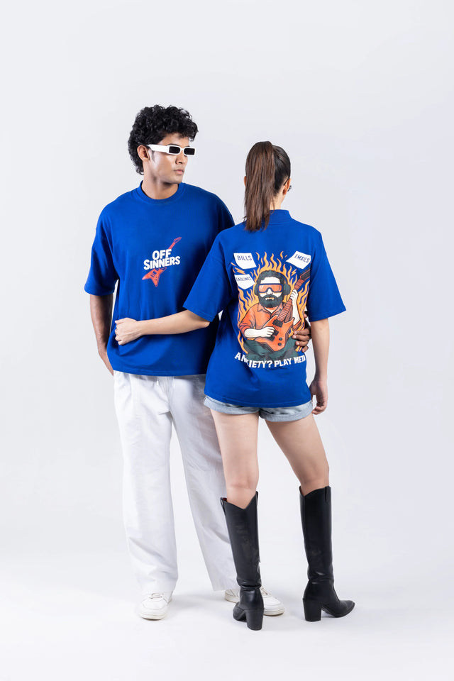 "Play Metal" Round Neck Printed Blue T-Shirt