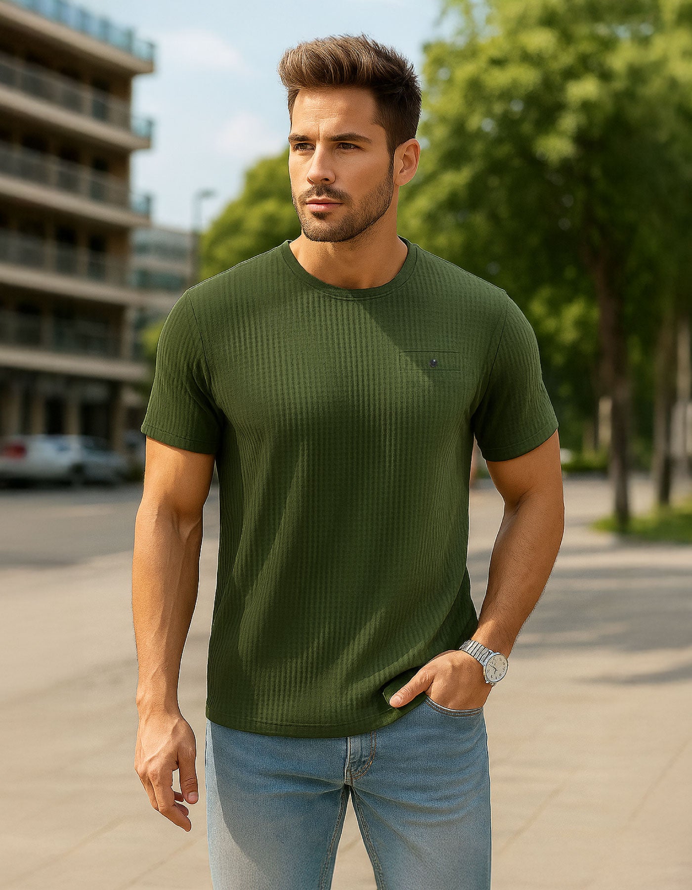 Men Solid Waffle Crew Neck Tshirt