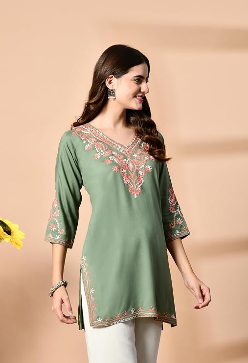 LIBOZA Embroidered Kashmiri Tunic Top, Short Kurti for Women on Jeans, V-Neck, 3/4 Sleeve, Floral Design,