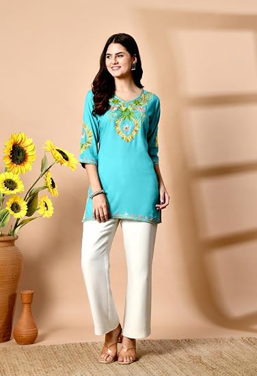 Embroidered Kashmiri Short Kurti -Sea Green 2