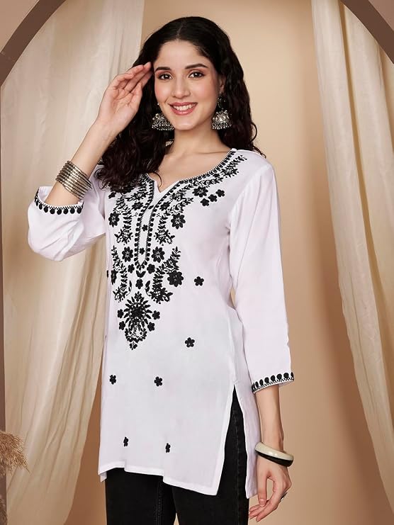 Short Kurti for Women for Jeans, Chikankari Kurtis for Ladies, Lakhnavi V- Neck Women's Tunic Design Kurta, Floral Kurtas & Tunics for Woman