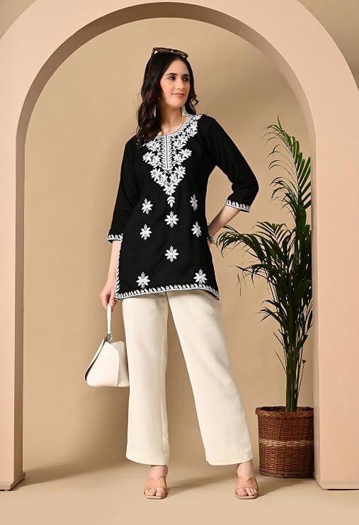 LIBOZA Women's Chikankari Embroidered Short Kurti, Rayon Fabric, Three-Quarter Sleeves, Available in Pink, Black, Mustard Yellow, White, Pista and Green
