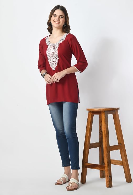LIBOZA Women Short Regular Fit Kurti Lakhnowi Chikankari Embroidered Ladies Rayon Kurta, Stylish Top, Large,Red