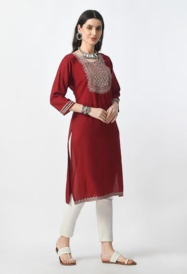 Embroidered Straight Design Kurtis for Woman-Red