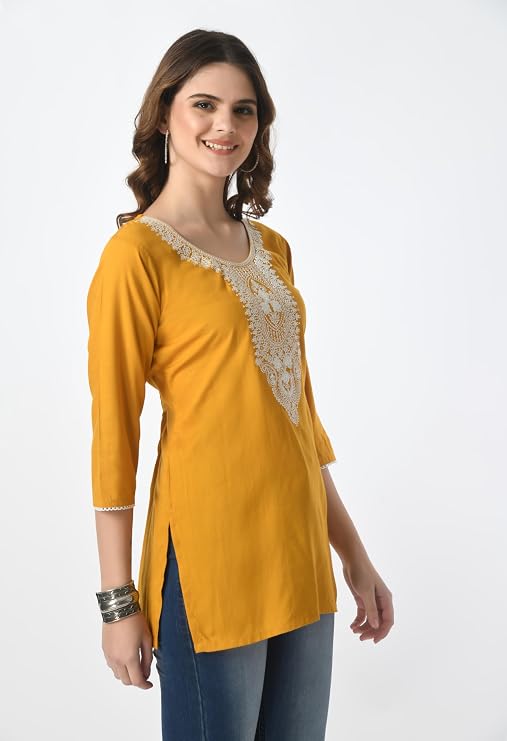 LIBOZA Short Kurti for Women – Lakhnowi Chikankari Embroidered Ladies Kurta, Stylish Girls Top, Ethnic Half Kurtas, Tunic Design Woman Kurtis Mustard Yellow