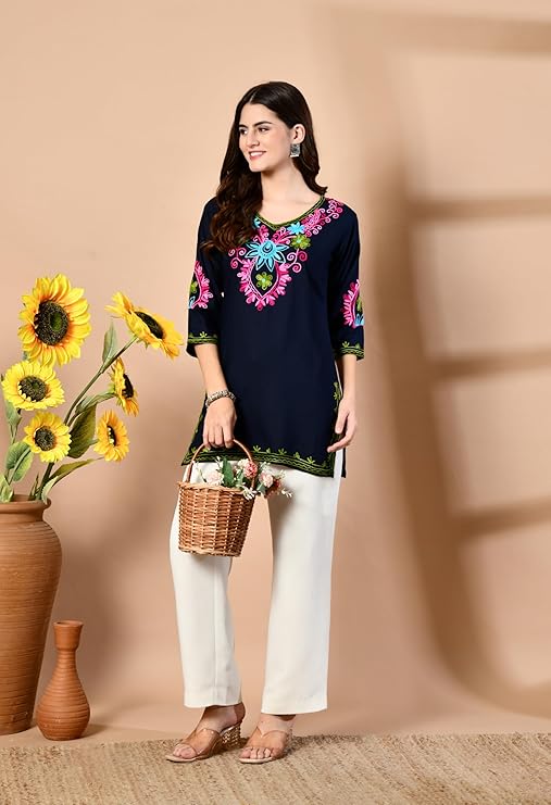 LIBOZA Embroidered Kashmiri Tunic Top, Short Kurti for Women on Jeans, V-Neck, 3/4 Sleeve, Floral Design,