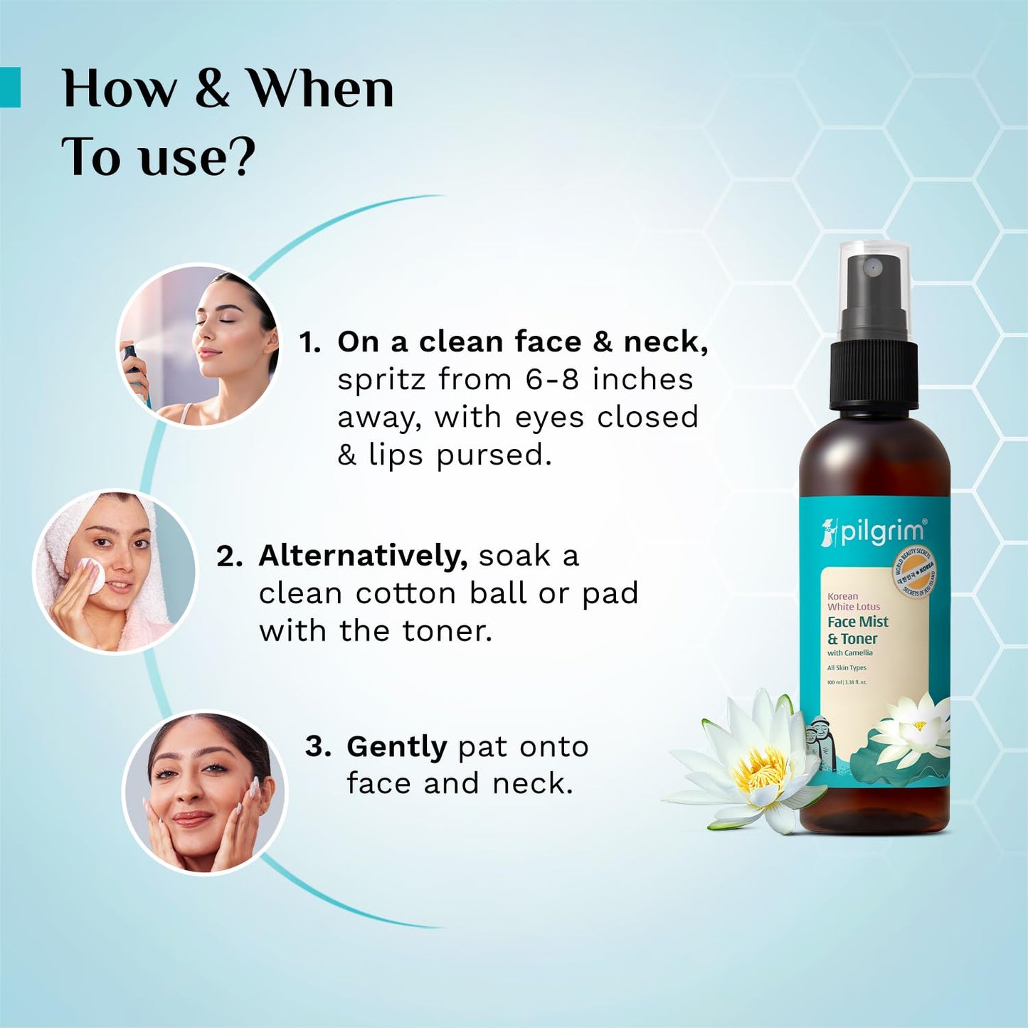 Pilgrim White Lotus Natural Face Mist & Toner With Camellia Witch Hazel| Korean Beauty Formulation|For Better Hydration| Paraben Phthalate Free| Men Women 100 MILLI_LITRE