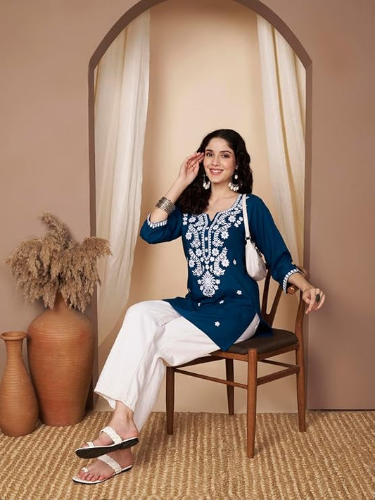 Short Kurti for Women for Jeans, Chikankari Kurtis for Ladies, Lakhnavi V- Neck Women's Tunic Design Kurta, Floral Kurtas & Tunics for Woman