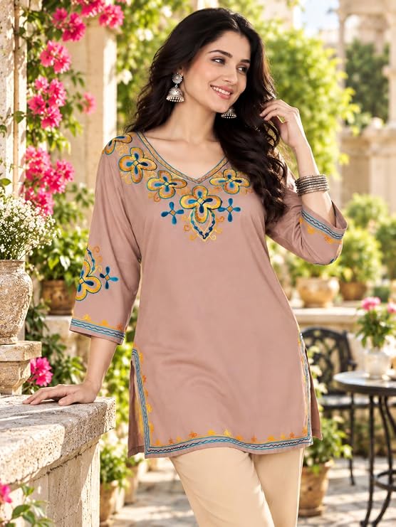 LIBOZA Embroidered Kashmiri Tunic Top, Short Kurti for Women on Jeans, V-Neck, 3/4 Sleeve, Floral Design,