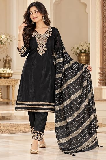 LIBOZA Women Kurta Pant Set with Dupatta Roman Glass Fabric-Black
