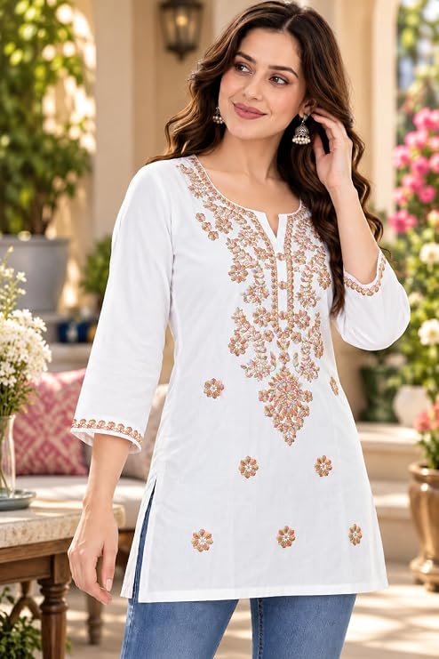 LIBOZA Kurti for Women - Short Chikankari Kurtis for Girls, Lakhnawi White