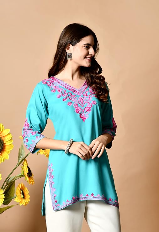 LIBOZA Embroidered Kashmiri Tunic Top, Short Kurti for Women on Jeans, V-Neck, 3/4 Sleeve, Floral Design,