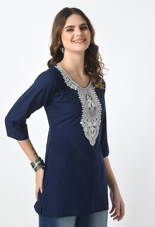 LIBOZA Women's Pure Cotton Flex Print Short Kurti, Full Umbrella Sleeves, Navy Blue and Black, Casual and Office Wear