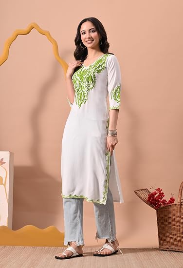 Women Kashmiri Embroidered Straight Kurta-White Green