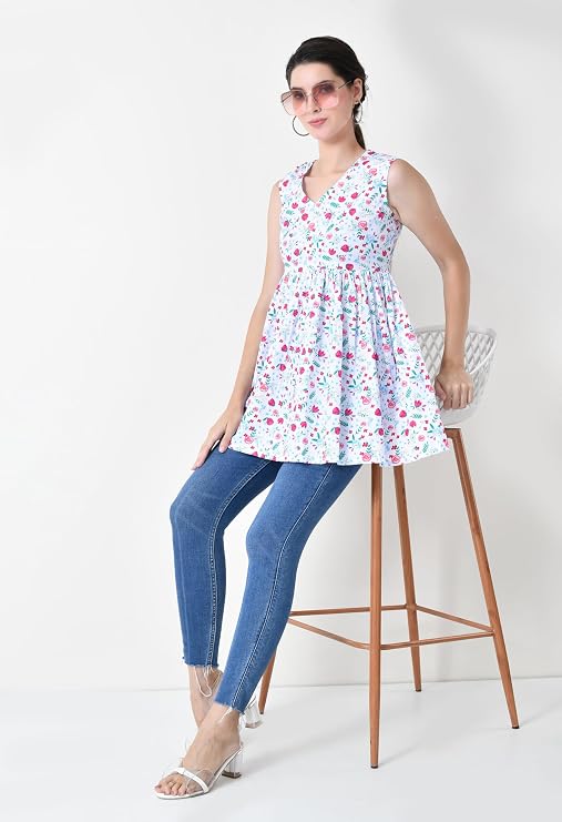 LIBOZA Peplum Cotton Tops for Woman, Stylish Sleeveless Short Kurti for Women on Jeans, Modern Design Top