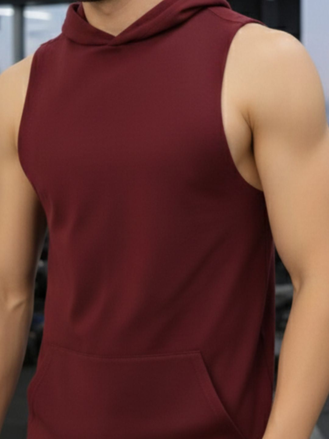 Men Sleeveless Maroon Hooded Solid Print Cotton Regular Fit Kangaroo Pocket T-shirt