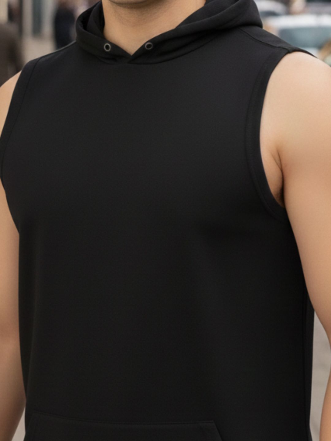 Men Cotton Solid Print Black Sleeveless Hooded Kangaroo Pocket Sports T-shirt