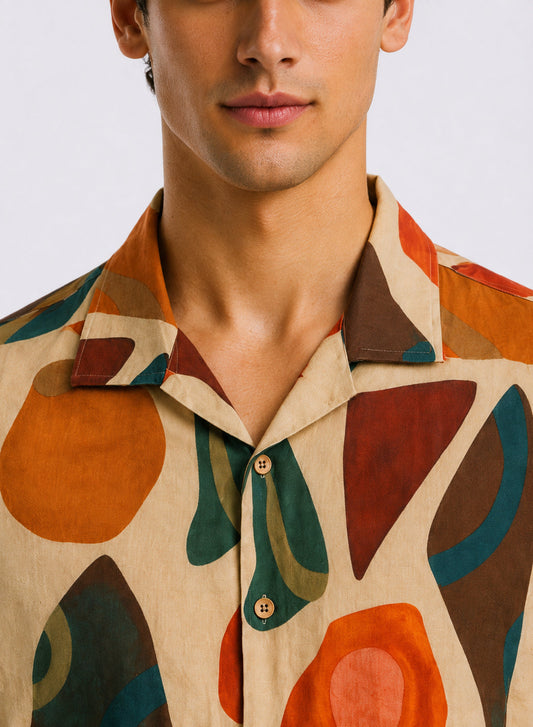 Adro Men’s Relaxed Fit Cuban Collar Cotton Linen Terra Mosaic Printed Shirt