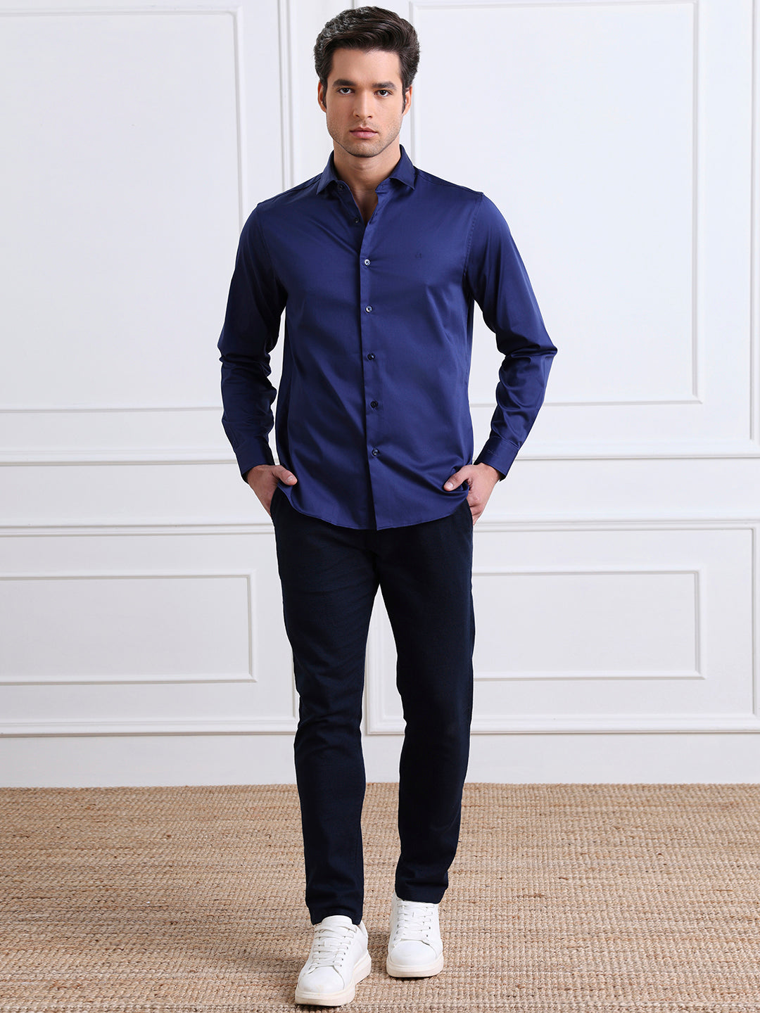 Navy Blue Regular Fit Solid Casual Satin Shirt for Men (BENITO)