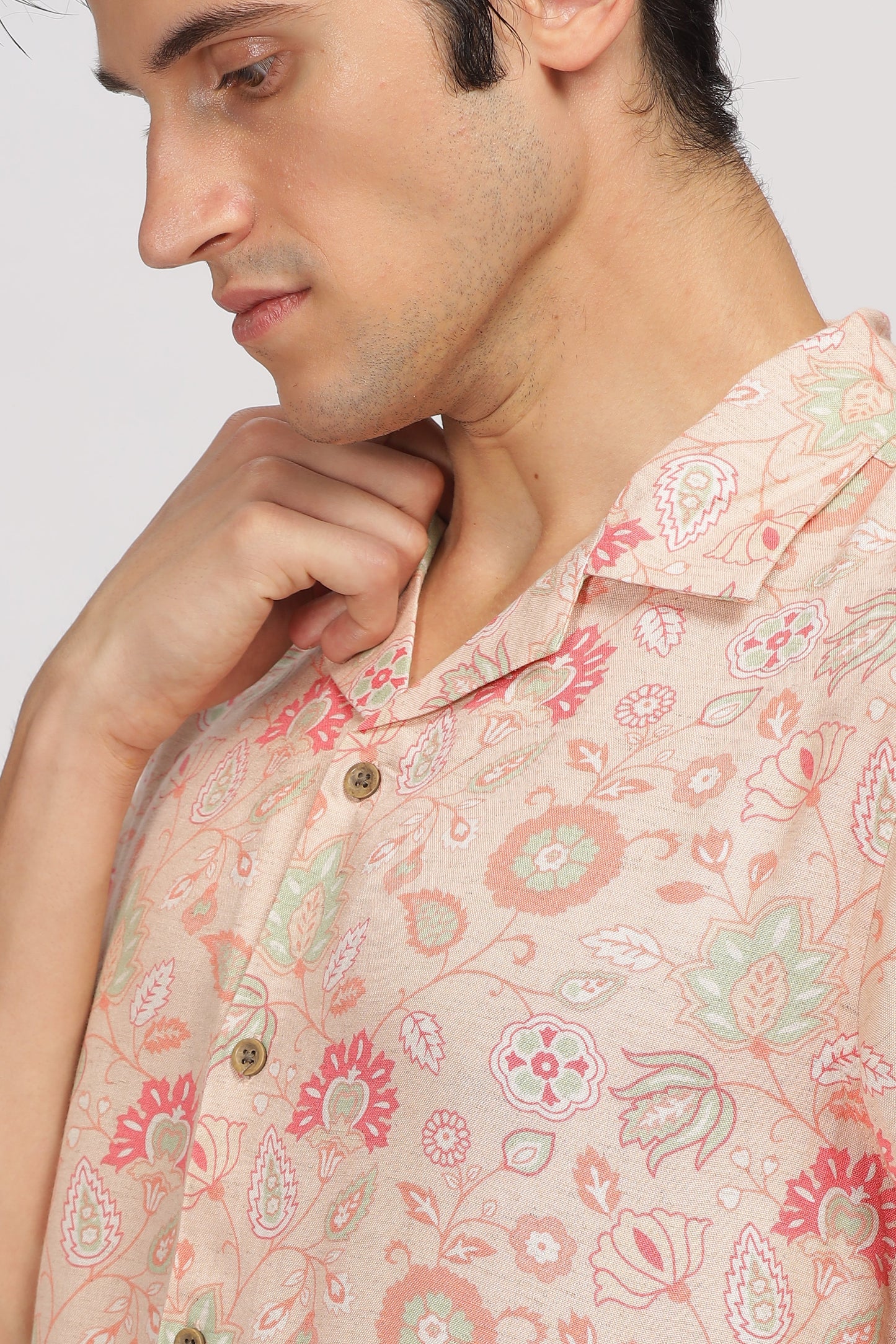 Uri Peach Printed Cuban Collar Shirt Uri