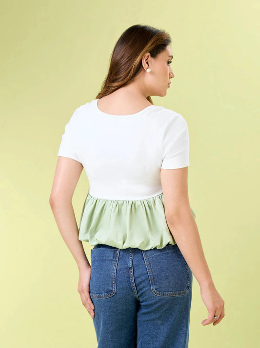 Mint To Be Bubble Round Neck White Top Zumee