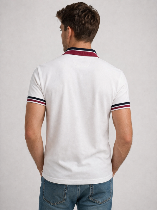 White Polo with Red Stripe Collar Aachari
