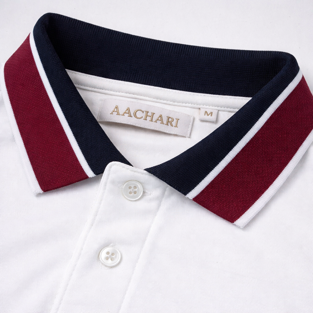 White Polo with Red Stripe Collar Aachari