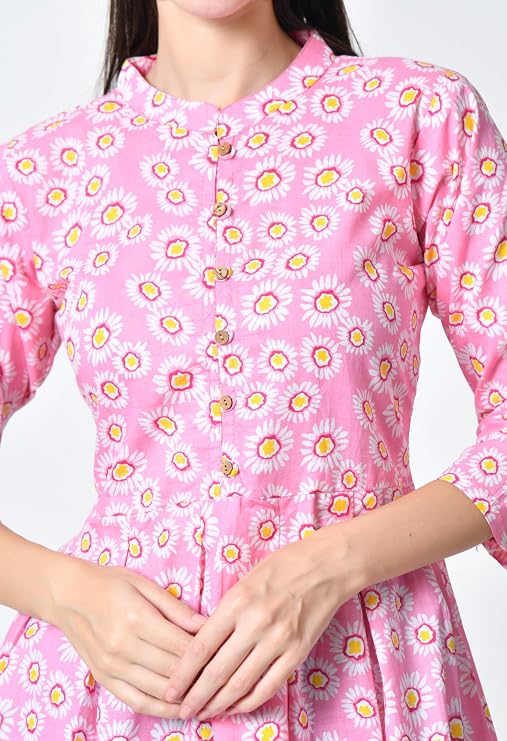LIBOZA Women's Cotton Floral Print Box Pleated Kurti, Pink