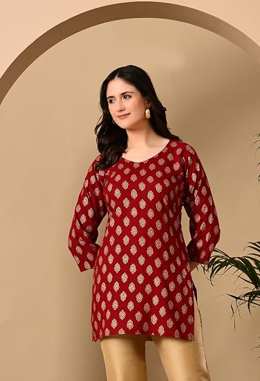 Rayon Cotton Short Kurtis for Ladies-Red