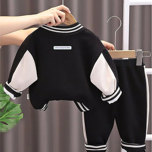 Black & White 1977 Designed 3 Pcs Varsity Jacket Styled Track Suit Set For Toddlers And Kids
