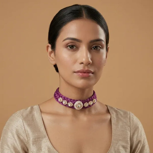 Purple Fabric Braided Kundan Stone Choker Necklace For Women