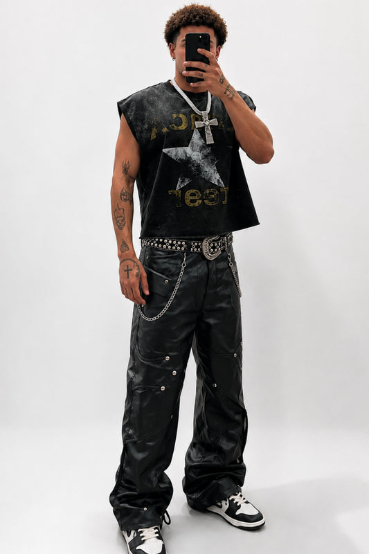 Black Faux Leather Studded Cargo Pants | Trendzila