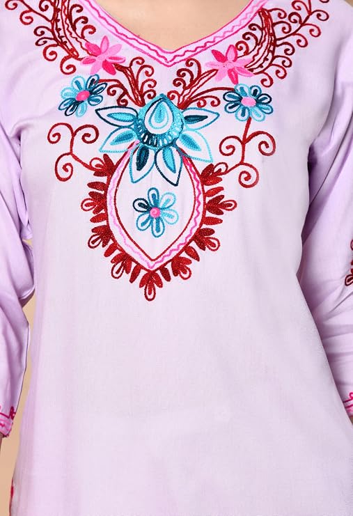 LIBOZA Embroidered Kashmiri Tunic Top, Short Kurti for Women on Jeans, V-Neck, 3/4 Sleeve, Floral Design,