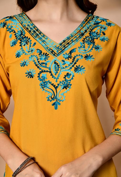 LIBOZA Embroidered Kashmiri Tunic Top, Short Kurti for Women on Jeans, V-Neck, 3/4 Sleeve, Floral Design,