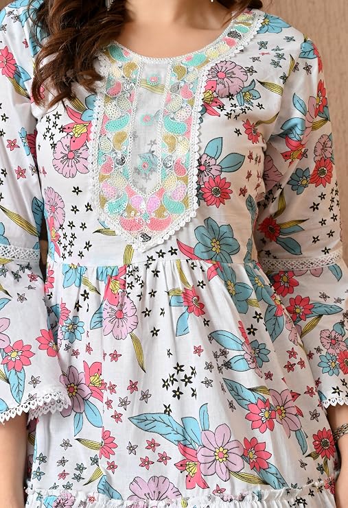 LIBOZA 100% Cotton Floral Print Tiered Midi Dress, Bell Sleeves, Lace Trim Detail, White and Multicolour for Women, Office, Party, All Occassions